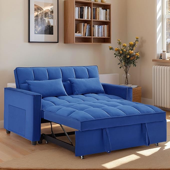 54 Convertible Sofa Bed Velvet Sleeper Sofa with Pull-Out Bed 3-in-1 Futon Couch with Reclining Backrest and Side Pocket Modern Loveseat for Living Room (Dark Blue)