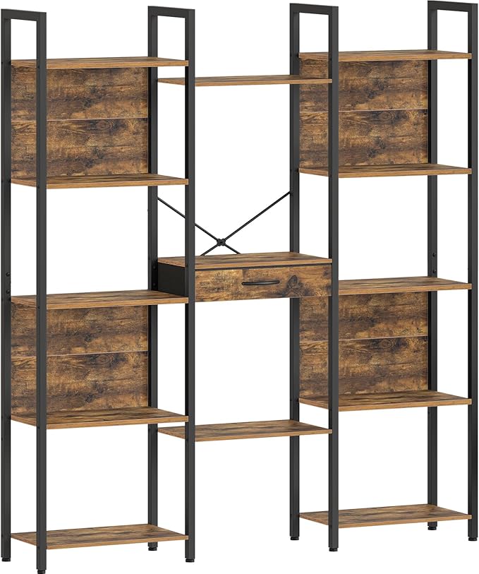 HOOBRO L Shaped Gaming Desk and 5-Tier Bookshelf Bundle with Storage Shelves &amp Drawer Computer Desk with LED Light &amp Power Outlet for Home Office Study Rustic Brown and Black BF18UDDN01-B