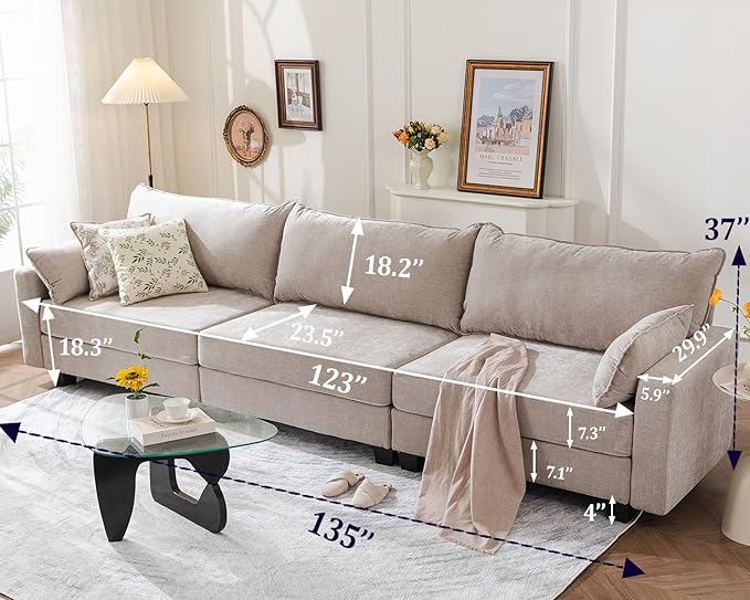 135'' Modular Sectional Couch with All Seats StorageOversized 3-Seater Comfy Sofa with 7.8'' Upholstered CushionBig Couches with Throw Pillows for Living RoomBedroomChenilleKhaki