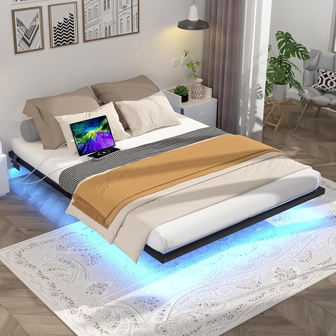 Floating Bed Frame Full Size with LED Lights and Charging Station Metal Platform Bed Easy Assembly No Box Spring Needed