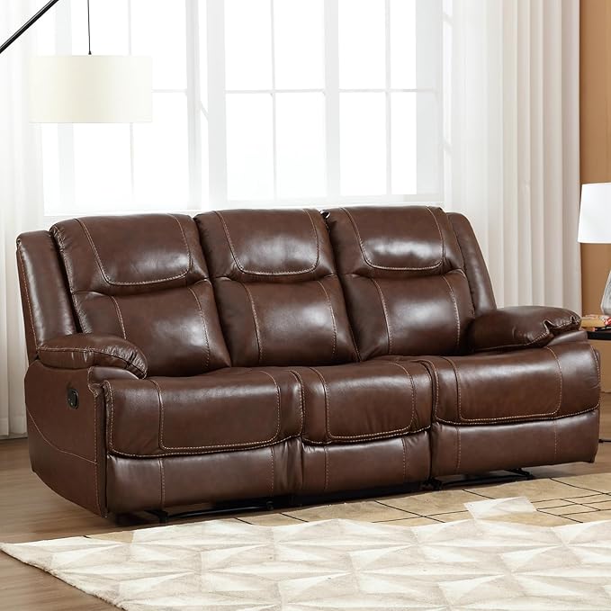 EBELLO Genuine Leather Manual Reclining Sofa 3 Seat Recliner Sofa Couch for Living Room Bedroom Furniture Meeting Room Brown