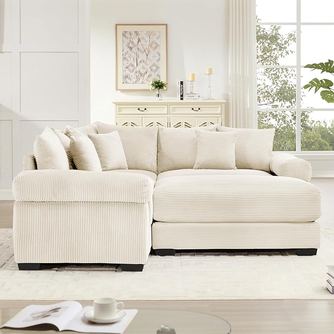 79.2 Oversized Modular Sectional Sofa Corduroy Large Sectional Couches for Living Room Love Seat Couches with 1 Movable Ottoman Modern Deep Seat Sofa Set with Chaise White