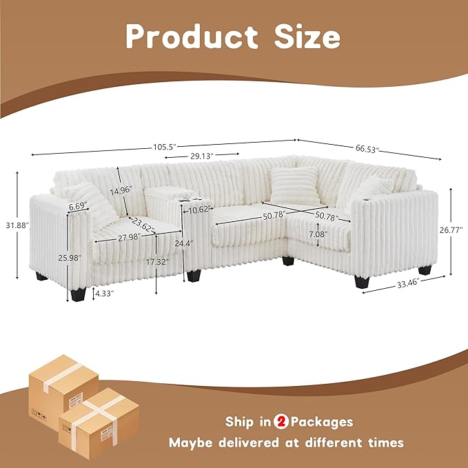105 Modular Sectional Sofa Comfy Faux Rabbit Fur L-Shaped Cloud Couch with Center Console Cup Holders and Storage 4 Seater Sofa Couch for Living Room Apartment (White)