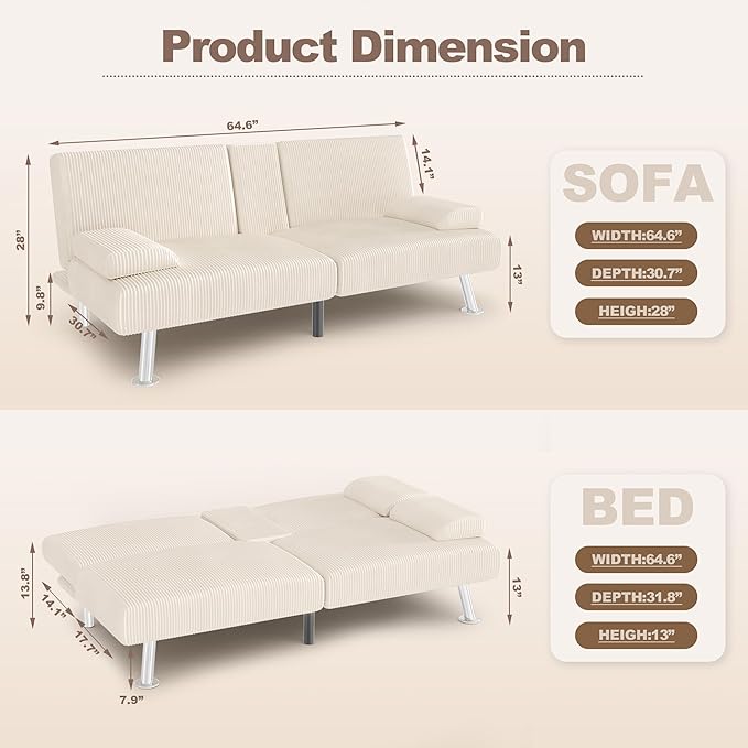 YESHOMY Futon Sofa Bed Futon Couch with Adjustable Backrest Convertible Sleeper Sofa with Removable Armrests Loveseat in Corduroy with 2 Cup Holders for Living Room Apartment (Beige)