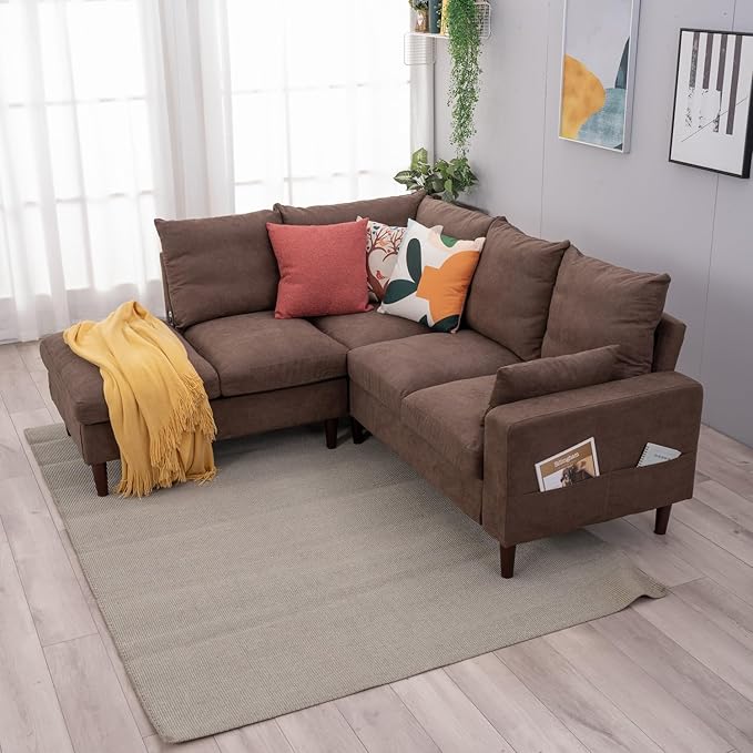 Panana 5 and 6 Seater Convertible Sectional Sofa CouchL-Shape with Universal Corner and Bulit-in USB Charging Port Chaise (Brown Linen Fabric 5 Seater Corner with Built-in USB Port Chaise)