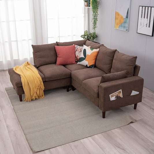 Panana 5 and 6 Seater Convertible Sectional Sofa CouchL-Shape with Universal Corner and Bulit-in USB Charging Port Chaise (Brown Linen Fabric 5 Seater Corner with Built-in USB Port Chaise)