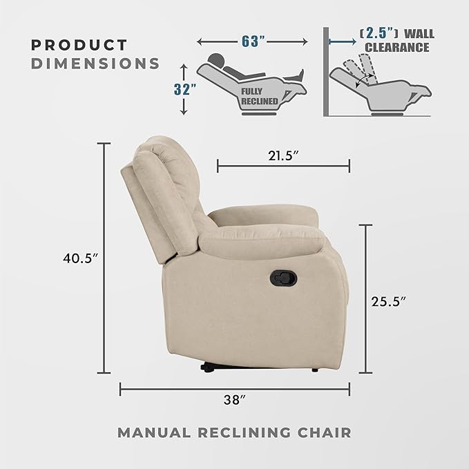 Lexicon Manual Recliner Sofa Chair Home Theater Seating Wall Hugger Manual Reclining Nursery Chair for Bedroom/Living Room/Office/Apartment Oatmeal Textured Fabric