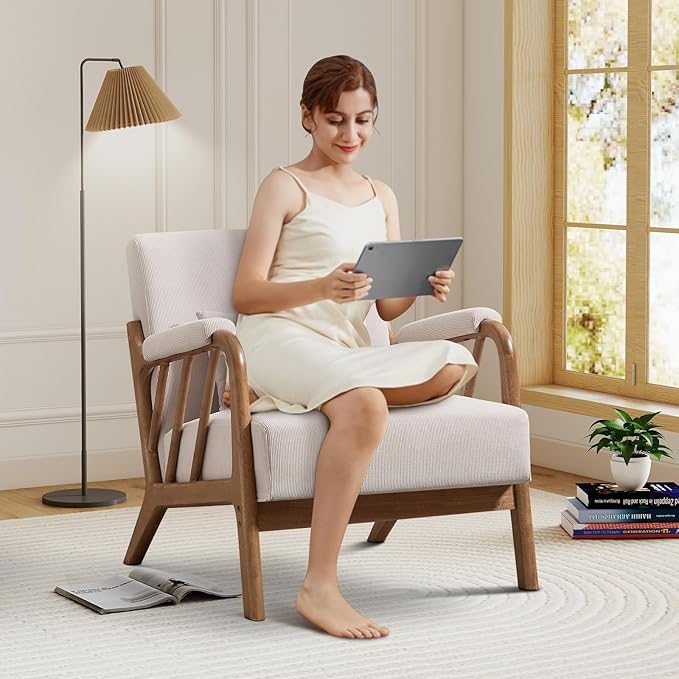 Mid Century Modern Accent Chair with Solid Wood Frame Upholstered Living Room Chairs with Lumbar Cushion Padded Arms Reading Armchair for Bedroom Set of 2 Beige