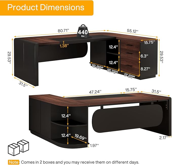 Tribesigns 80'' L-Shaped Desk Large Executive Office Desk with 55'' Drawers Cabinet Modern Computer Table with Storage Shelves Business Furniture for Home Office Walnut &amp Black