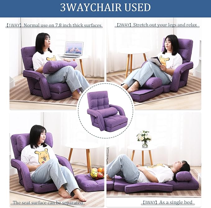 FLOGUOR 42-Position Adjustable Floor Chair Chaise Lounge Indoor Folding Lazy Sofa with Armrests and a Pillow Padded Adults Gaming Chairs for Living Room Bedroom Factory Price 8803XM (Purple)