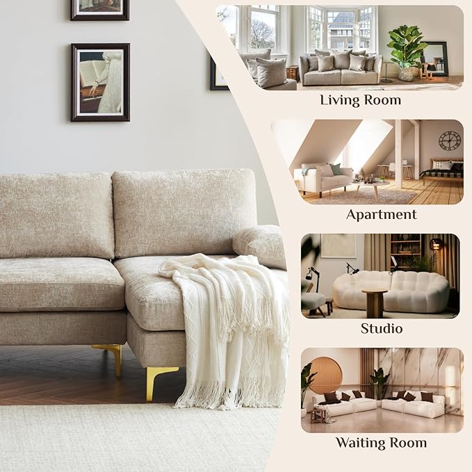 Karl home Convertible Sectional Sofa 110 U-Shape Sofa Couch 4-Seat Couch with Chaise ChenilleFabric Upholstered for Living Room Apartment Office Camel