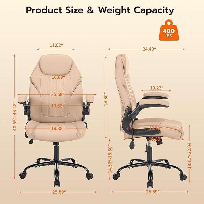 Office Desk Chair Ergonomic Computer Chair with Padded Flip-Up Arms and Adjustable Lumbar Support PU Leather Executive Chair with Tilt Lock and 360° Swivel Rolling Wheels for Work Study