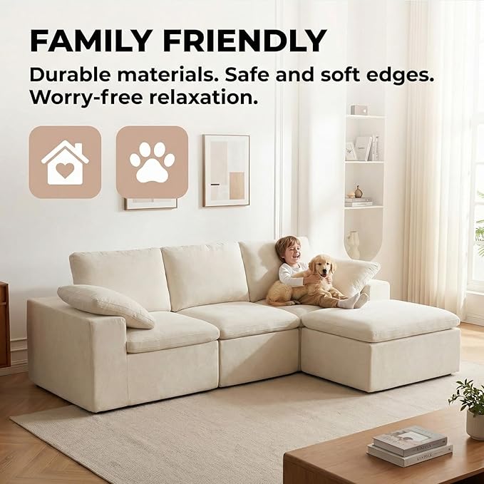 108'' Boneless Sectional Couch Cloud Sofa with Ottoman Modular Memory Foam Couches for Living Room Large L Shaped Modern Beige 3 Seater Floor Sofa Set No Assembly Comfy Deep Seats | Adjustable Bac