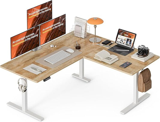 Grandder 63 x 55 Inch L Shaped Standing Desk Electric Height Adjustable Corner Stand Up Desk Sit Stand Corner Table Home Office Table Oak Top White Frame