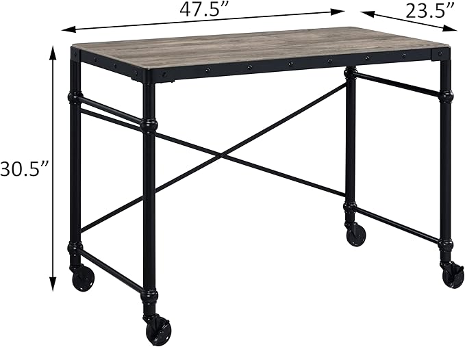 Rustic Oak and Black Writing Work Study Desk with Wheels Rectangle Wooden Top for Home Office Industrial-Style