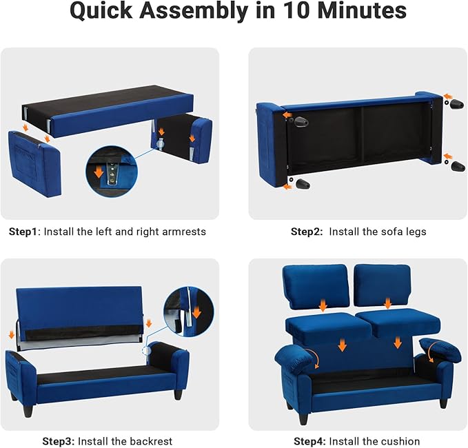 70 Living Room Couch Sofa Velvet Deep Couches for Small Spaces Mid Century Modern Loveseat with Storage Bag Bedroom Apartment Office Removable Sofa Cover Spring Cushions Fast Assembly Blue