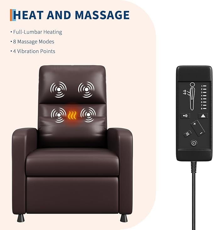Power Recliner Chair with Heat &amp Massage Adjustable Electric PU Leather Single Sofa Ergonomic Tall-Back Padded Seat Home Theater Seating Recliner for Living Room