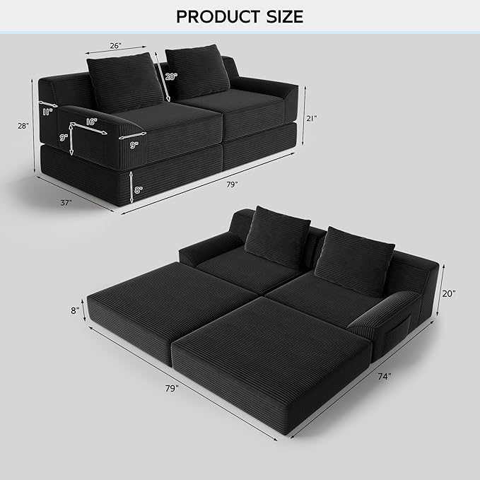 79 Convertible Sofa Bed Upholstered Boneless Couch Loveseat Sleeper with Pull Out Bed Corduroy Futon Couch Floor Folding Sofa Modular Futon Couch for Living Room Bedroom Lounge Black
