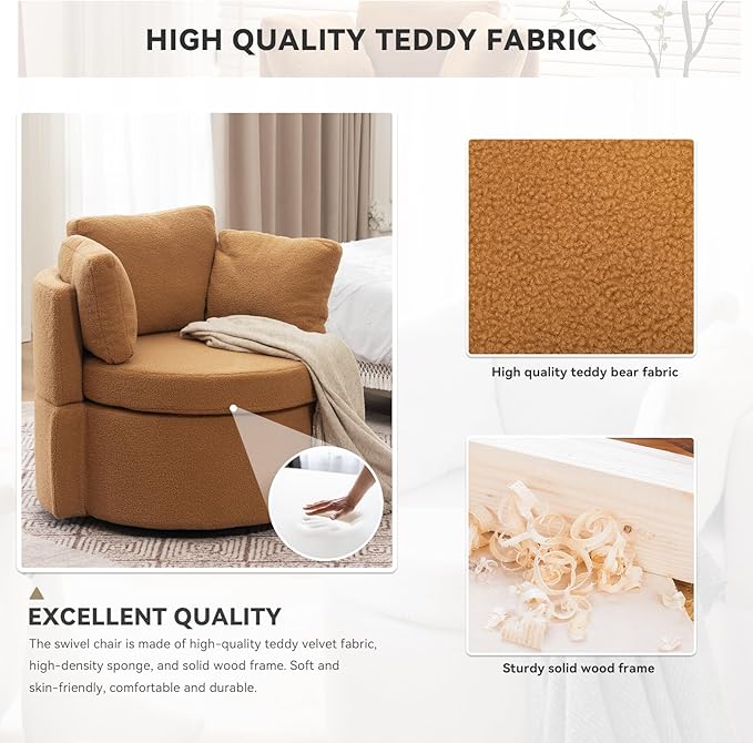 FOXHUNTER Swivel Barrel Chair 360 Degree Swivel Round Storage Chair with 3 Pillows Oversize Teddy Swivel Accent Chair Comfy Single Sofa Chair for Nursery Living Room Bedroom (Khaki)