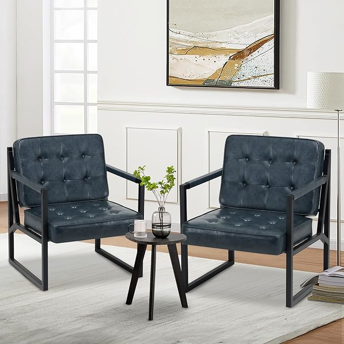 COLAMY Accent Chairs Set of 2 Modern Accent Arm Chairs for Living Room Comfy Leather Armchairs with Metal Legs for Bedroom Reception Room Blue