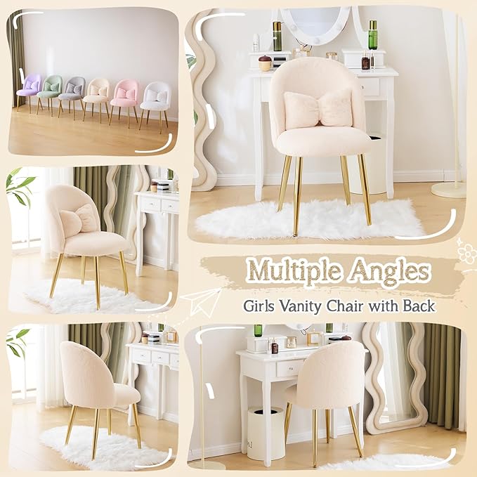 VINGLI Boucle Girls Vanity Chair with Back &amp PillowCute Small Cozy Desk Chair No WheelsComfy Makeup Ch with Ajustable Gold Legsfor BedroomLiving RoomSmall SpaceKhaki