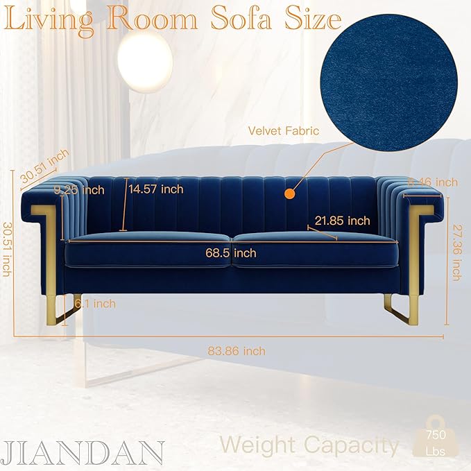 Mid-Century Modern Blue Velvet Sofa with Gold Metal Legs 83.86 Luxury Chesterfield Comfy Couches for Living Room (Velvet Blue)