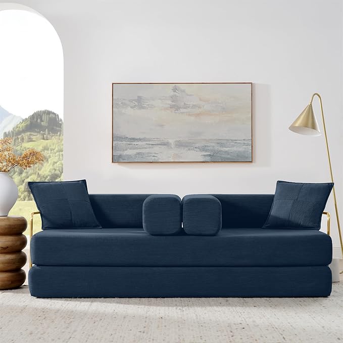 4-in-1 Folding Convertible Floor Sofa Bed 78 Oversized Compression Sofa No Assembly Required King Futon Lazy Couch Corduroy Loveseat Sleeper with Pull Out Bed Modular Futon Couch (Blue)