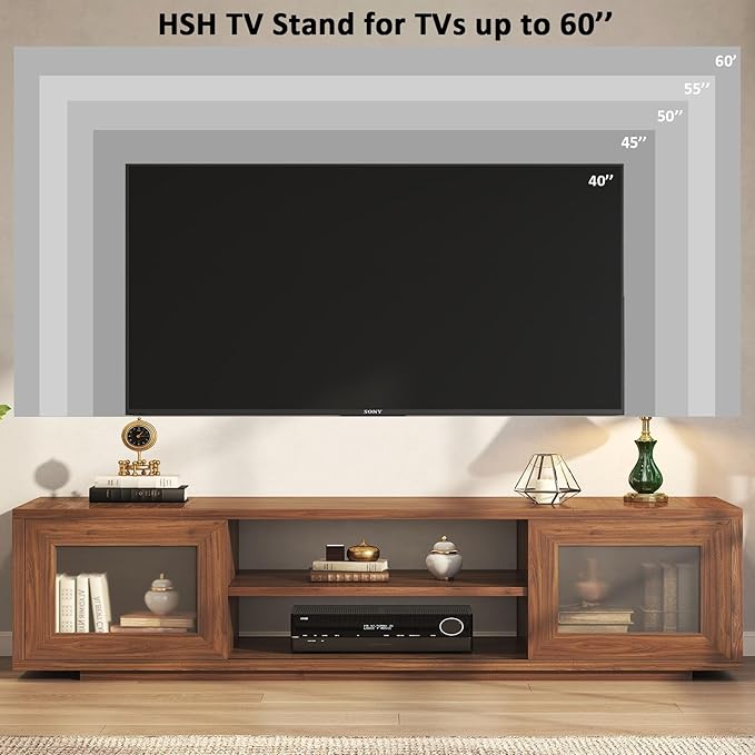HSH Walnut TV Stand for 60 Inch TVsEntertainment Center with Storage and Sliding DoorsFarmhouse Low Tv Stand Wood for Living RoomMedia Console Cabinet for Bedroom55 Inch