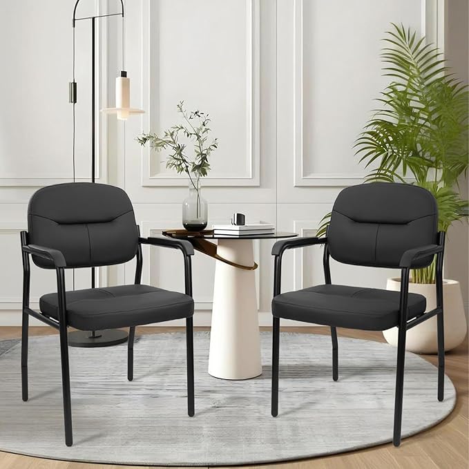 CLATINA Leather Guest Chair Sets of 2 Office Reception Chair No Wheels with Armrests and Lumber Support Ergonomic Desk Armchair for Meeting Waiting Conference Lobby Room Black