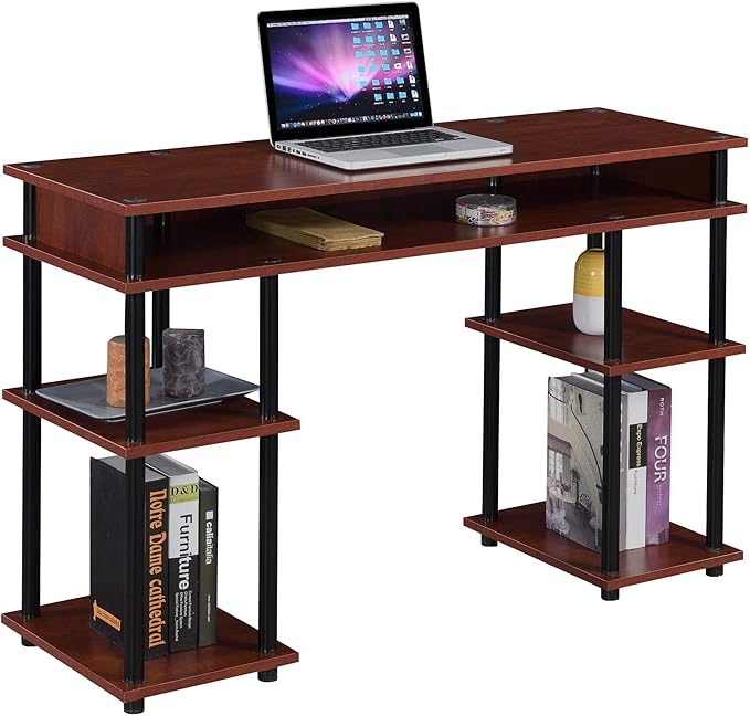 Pemberly Row No-Tools Student Desk Cherry Wood Finish 47.25 x 15.75 x 30 in Particleboard Shelves Black Powder-Coated Steel Poles Multiple Storage Shelves Easy Assembly Home Office or Dorm Desk