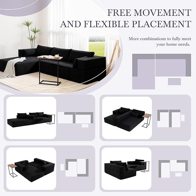 112 Modular Cloud Couch Sectional with Side TableBoneless Couch with Boucle FabricCompressed Foam Sectional Sofa with Left Facing ChaiseL-Shaped Sofa for Living RoomNo Assembly RequiredBlack