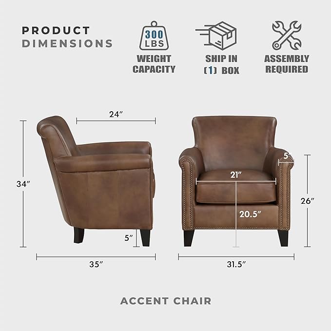 Lexicon 100% Top Grain Genuine Leather Chair Leather Accent Chairs for Living Room Solid Wood Frame Rolled Armrest &amp Nailhead Trim Comfy Reading for Bedroom Office Waiting Room Classic Brow