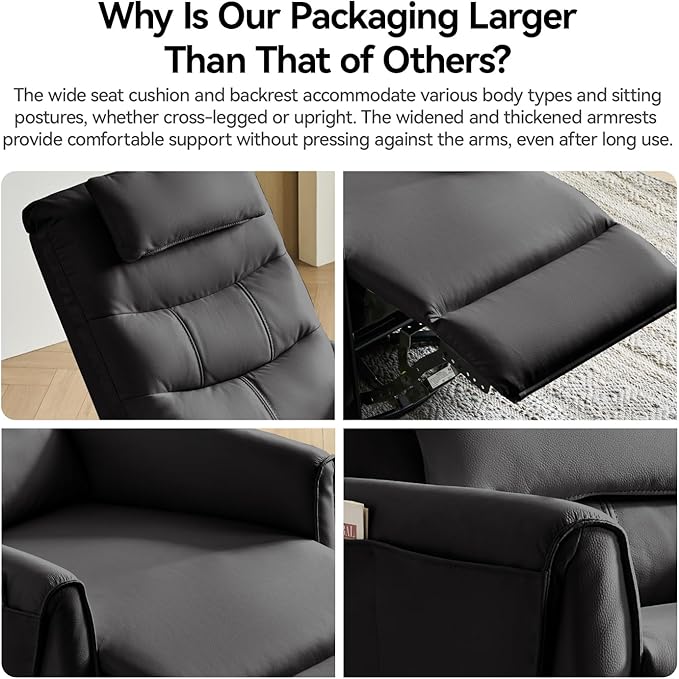 AIRSKY Leather Recliner Chair Top Grain Leather Italian Water-Washing Process Glider Rocking ChairSwivel Rocker Recliner Movable HeadrestNursery Rocking Chairs Single Reclining Chair BlackR3