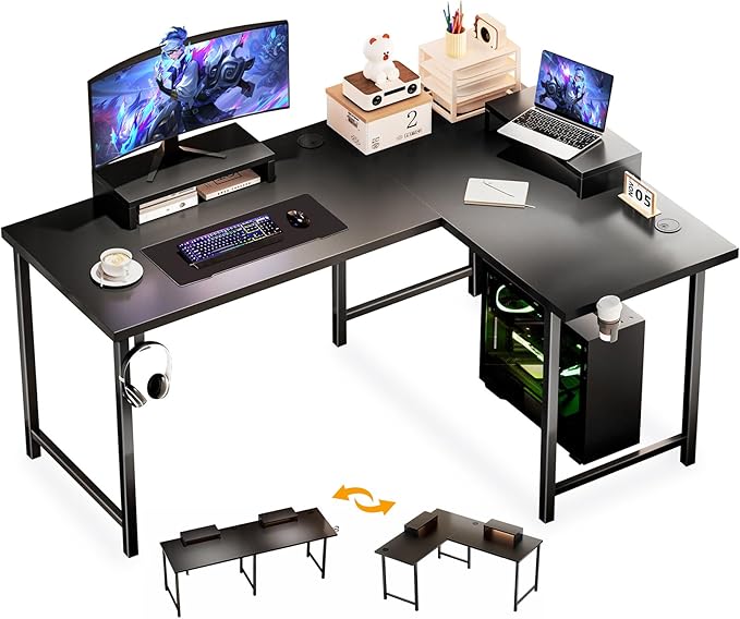 COMHOMA 57 L Shaped Desk with 2 Monitor Stand Reversible Computer Desk Corner Desks Gaming Desk PC Table Large Work Workstation for Gaming Writing Study Black