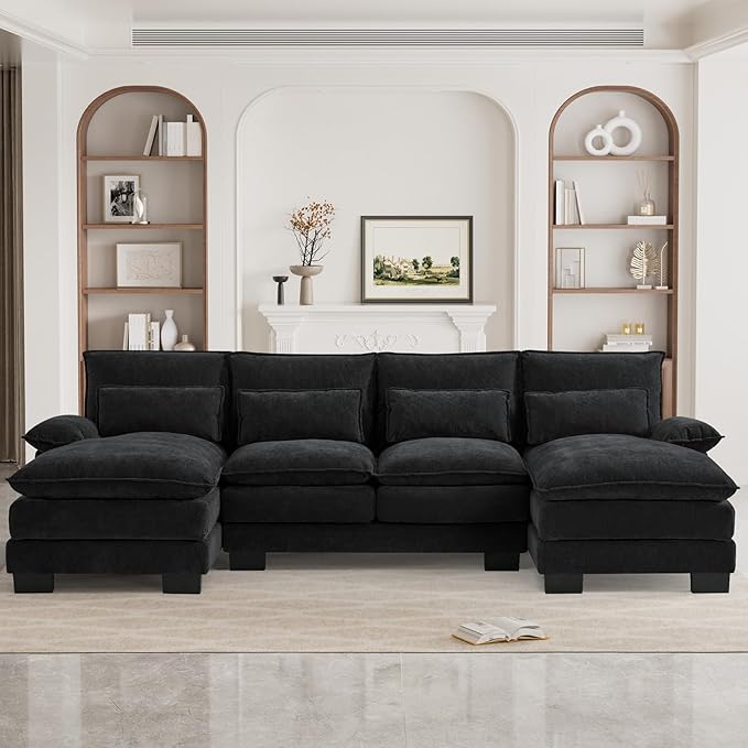 U Shape Cloud Couch Sectional Sofa for Living Room 110 Modern Chenille Comfy Cloud Sofa 4 Seat Upholstered Modular Sofa with Memory Foam &amp Double Chaise Jet Black