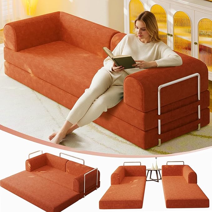79” Convertible Sofa Bed 35D High-Density Foam&ampCorduroy Fabric Sleeper Couch Bed Fixed-Shape Frame &amp Removable ArmrestsModular Folding Small Loveseat Futo Sectional Funto Couch for Small S