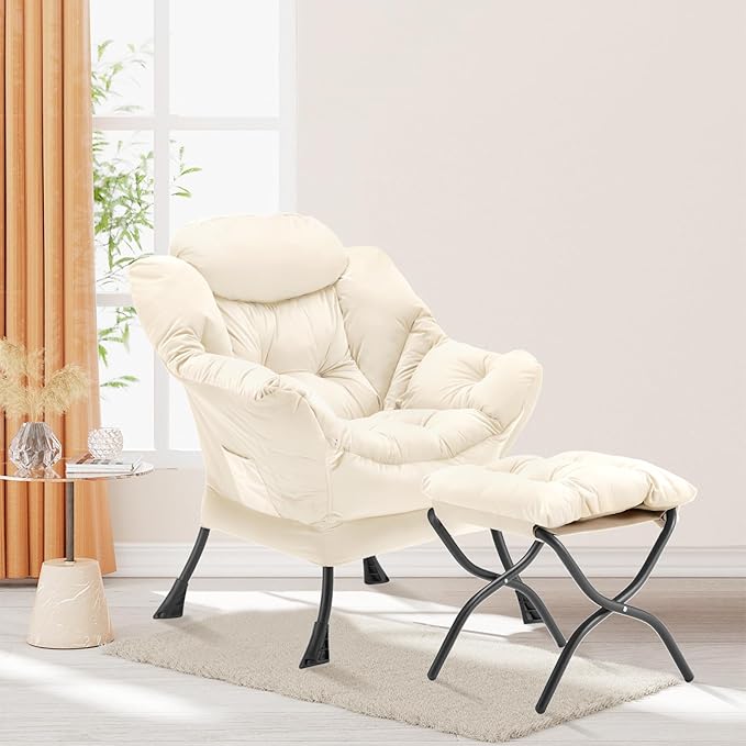 Lazy Chair with Folding Ottoman Accent Chair Velvet Upholstered with Metal Structure and Non-Slip Pads Sofa Armchair with Footrest and Side Storage Bag for Dorm Room Office Beige