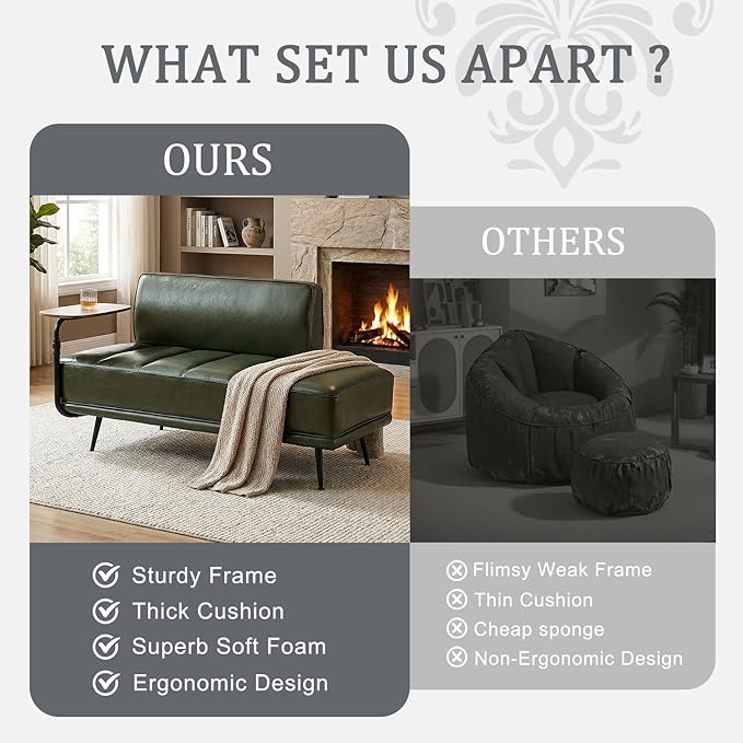 55 Faux Leather Upholstered Sofa Entryway Ottoman Modern End of Bed Bench with Side Table 360-degree Swivel Tray Couch Window Bench with Metal Legs for Bedroom Living Room (Green)