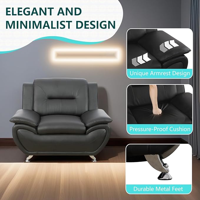 2 Piece Living Room Furniture Set Sectional Sofa Couches Black Leather Sofa Set Modern Sofa Couch Set for Living Room/Bedroom/Office Black#2