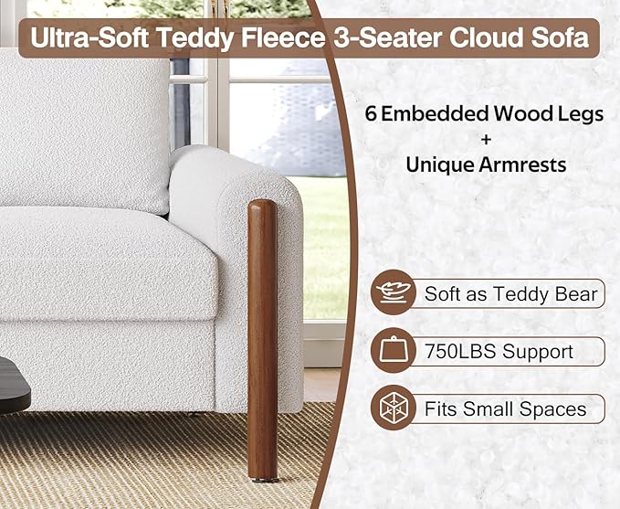 Christopher Knight Home Yadil Teddy Fleece Upholstered 3 Seater Sofa Couch Wooden Home Sofa Living Room Comfy Cloud Couch for Bedroom Home Office Cream White