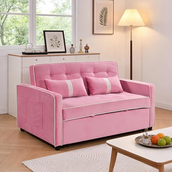 71 Loveseat Sleeper Sofa 3 in 1 Convertible Sofa Bed Adjustable Backrest Comfy Pull Out Couch Modern Upholstered Sofa for Living Room Bedroom Apartment Small Space (Pink)