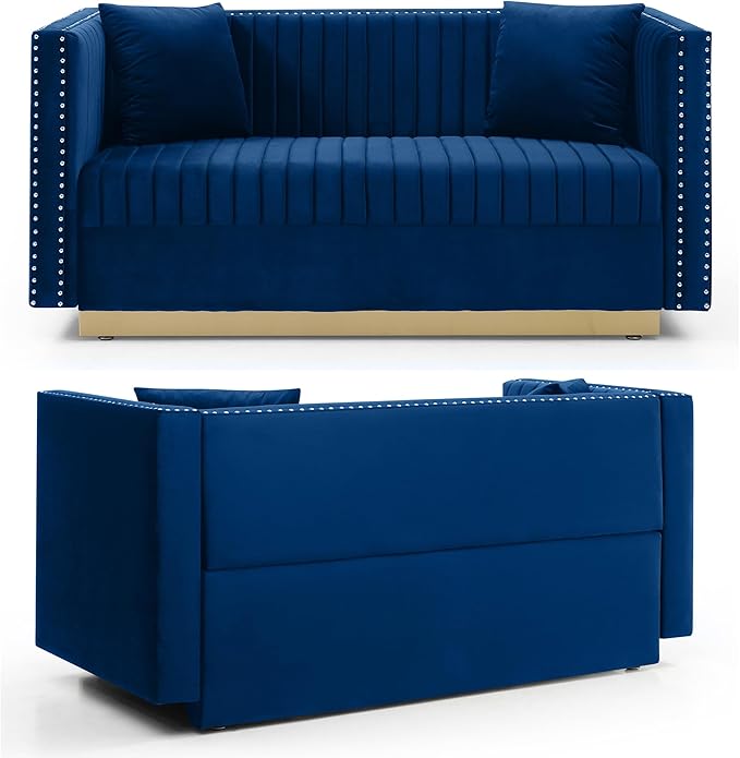 mikibama Modern Velvet Loveseat Sofa 61.4 Inch Vertical Channel Tufted Sofa Couch Luxury 2 Seater Couch with 2 Pillows and Gold Metal Legs for Living Room Bedroom Apartment Blue