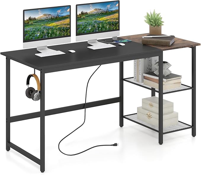GOFLAME 59” Computer Desk Modern Simple Study Writing Desk with Built-in Power Outlet Removable Shelf &amp Side Headphone Hook Home Office Laptop PC Desk Gaming Table Workstation (Black)