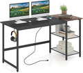 GOFLAME 59” Computer Desk Modern Simple Study Writing Desk with Built-in Power Outlet Removable Shelf &amp Side Headphone Hook Home Office Laptop PC Desk Gaming Table Workstation (Black)