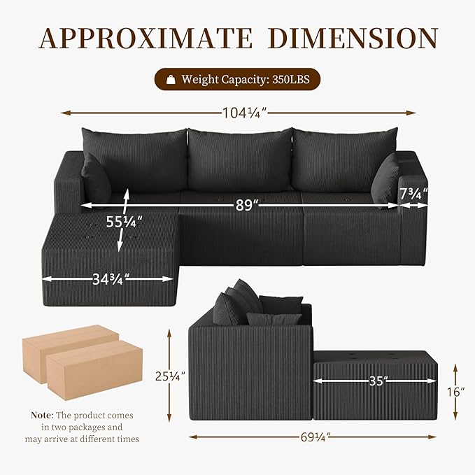 Cloud Modular Sectional Sofa L-Shape Boneless Couch Modern Corduroy Sofa with Chaise Lounge No-Assembly Required Deep Seat Modular Cloud Couch for Living Room Apartment Black
