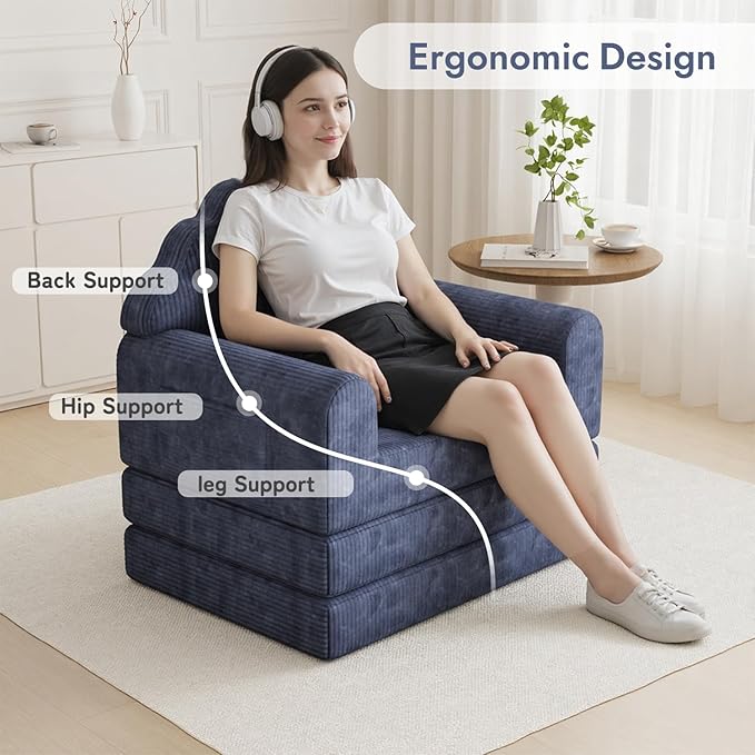 2-in-1 Folding Sofa Bed with Back Support 75 D x 34 W Convertible Futon Sleeper Chair for Adult Fold Out Bean Bag Floor Foam Lounger Couch for Living Room Bedroom Small Space Navy Blue