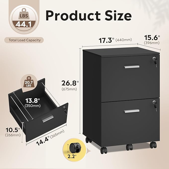 DEVAISE 2 Drawer File Cabinet Mobile Printer Stand Wood Filing-Cabinet fits A4 or Letter Size for Home Office Black