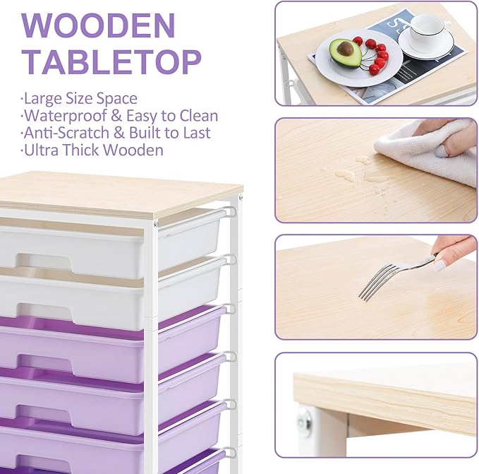 Rolling Cart with DrawersUtility Cart With 8 Drawers and Wooden Tabletop for Living RoomClassroomBedroomBathroomDormOfficePurple