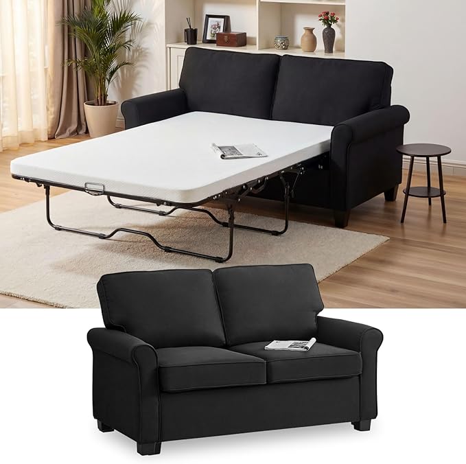 57 Pull Out Sofa Bed with Mattress Convertible Sofa Bed Loveseat Twin Sleeper Sofa Couch with Pocketed Coil Seating Upholstered Fabric Sofa Bed for Small SpacesBlack | sofa bed futon sofa bed s