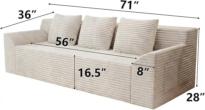 71 Small Boneless Couch Corduroy 3 Seater Couch for Living Room with 3 Pillows &amp Armrests Deep Seat Sofa for Small Spaces Apartment﻿ (White) | Small Boneless Couch